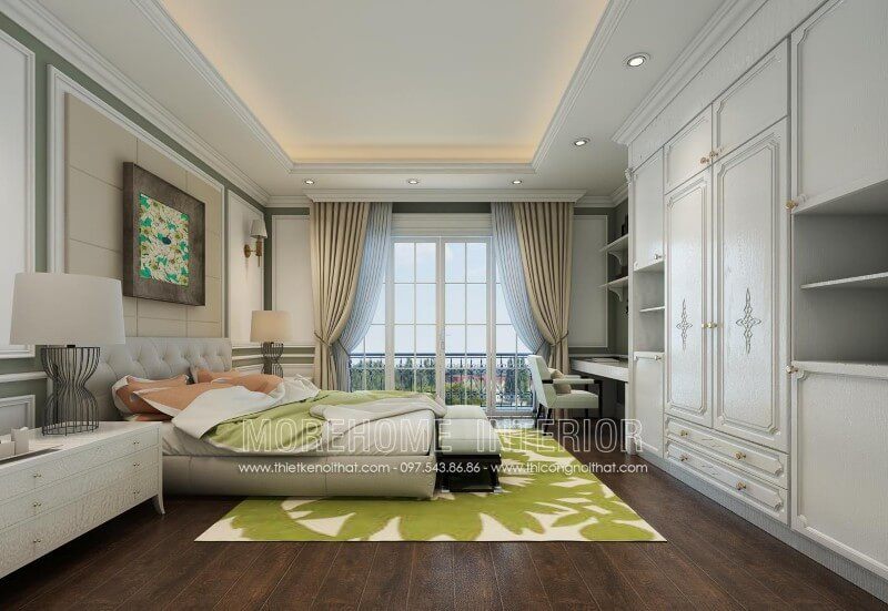 Thiết kế giường ngủ gỗ tsồi bọc da sáng màu tạo sự nhẹ nhàng cho gia chủ